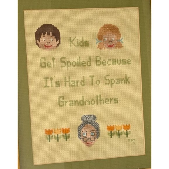 Vintage Framed Cross Stitch "Kids Get Spoiled" Needlepoint - Picture 2 of 12